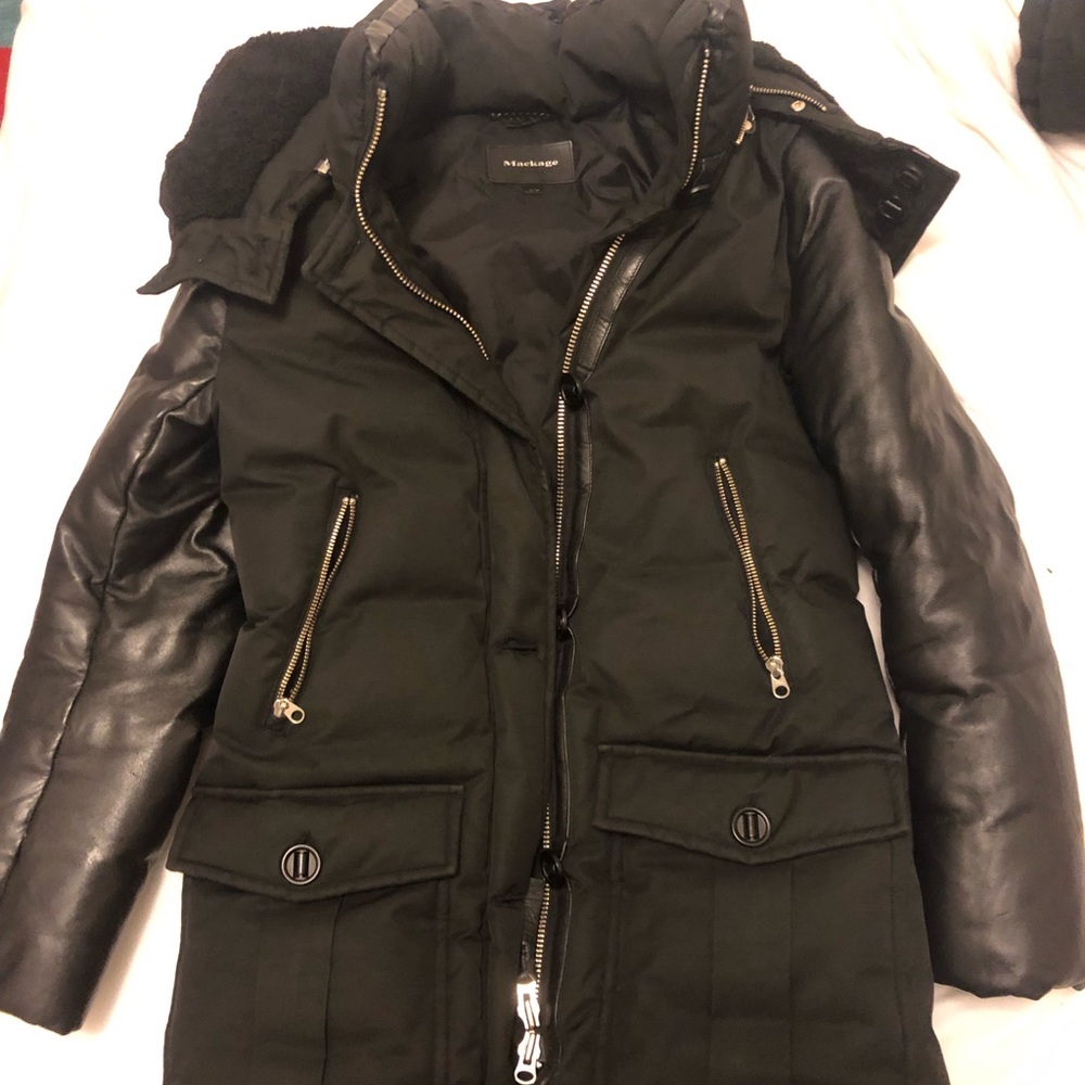 Mackage Down Fur Parka with Leather Sleeves